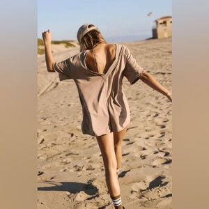 NWT FREE PEOPLE MOVEMENT Hot Shot Tee Romper | Mocha Latte MSRP $60 XS Oversized